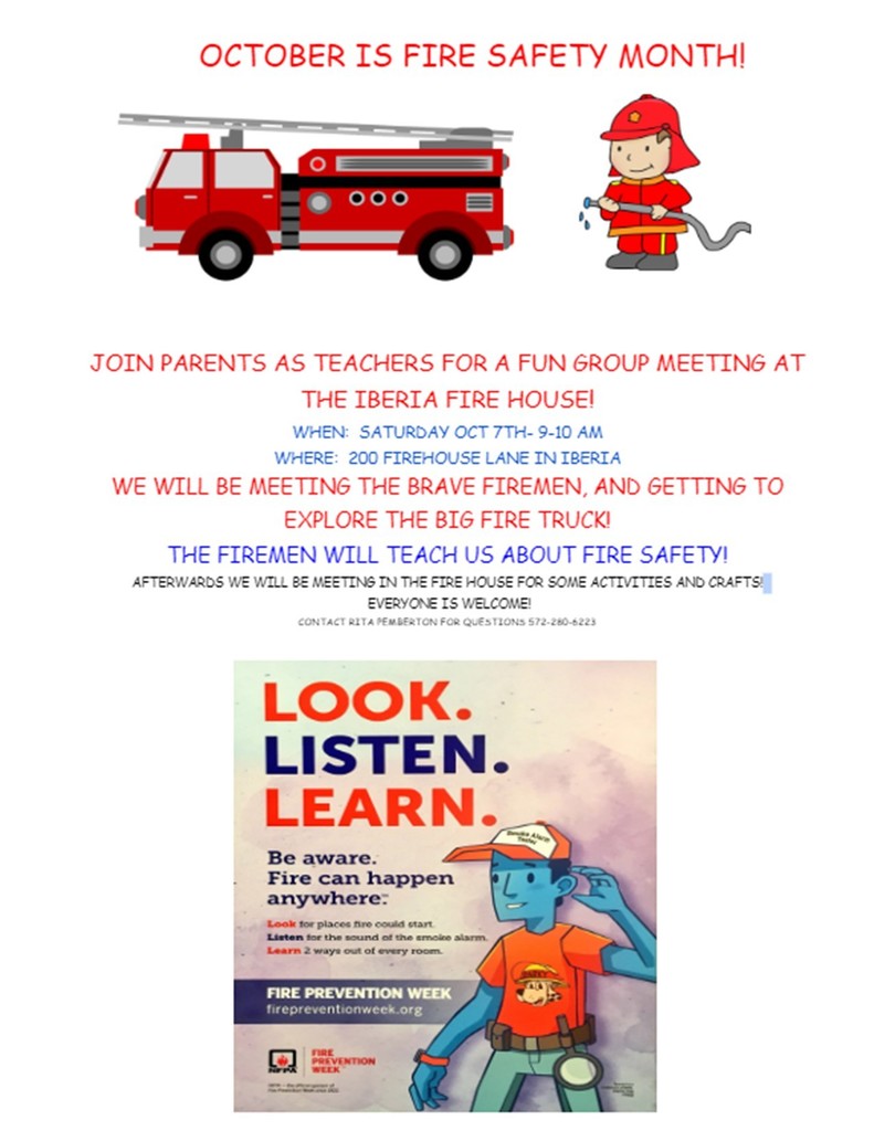 JOIN PARENTS AS TEACHERS FOR A FUN GROUP MEETING AT THE IBERIA FIRE HOUSE!  WHEN:  SATURDAY OCT 7TH- 9-10 AM WHERE:  200 FIREHOUSE LANE IN IBERIA